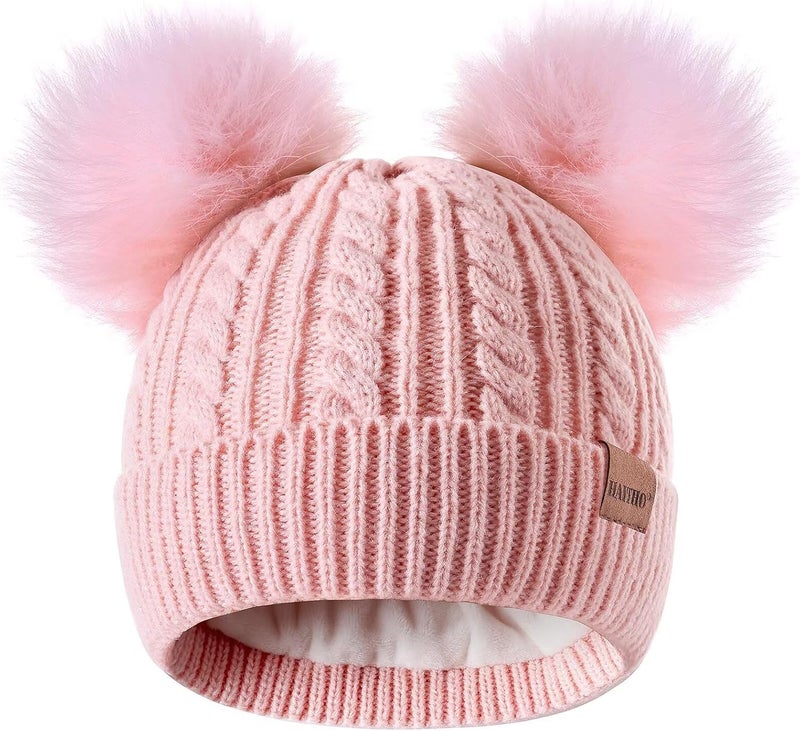 HAITHO Winter Hat for Kids Toddler Children, Girls Beanie with Double Pom Pom Warm Fleece Lined, Girls Accessories Knit Cap - Image 1